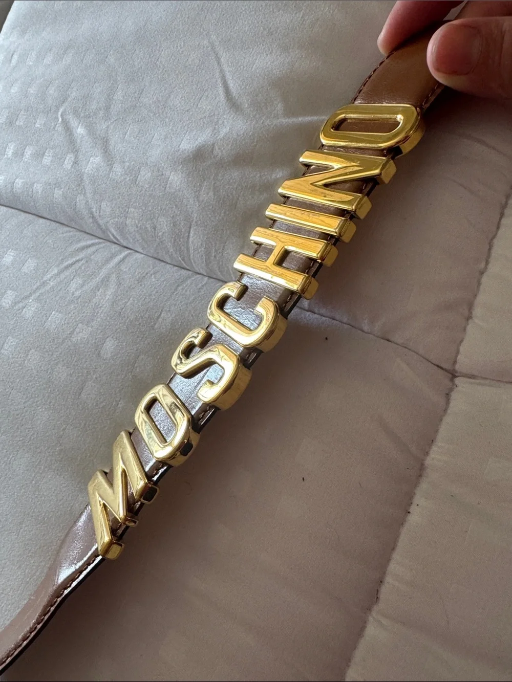 Moschino Brown Leather Logo Belt with Gold Tone Letters